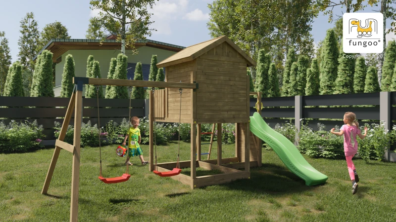 Parque-infantil-Galaxy-casita-elevada-tobogán-verde